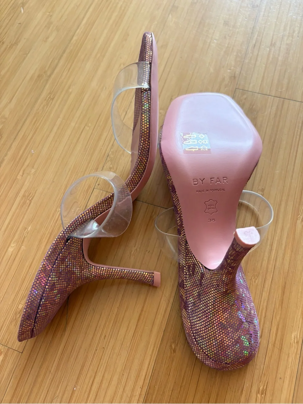 BRAND NEW by far sequin Clara Sandals 95mm transparent strap